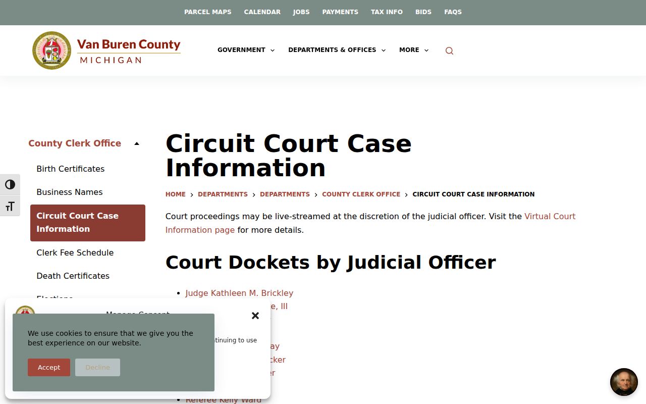 Van Buren County case search source for Circuit Court information