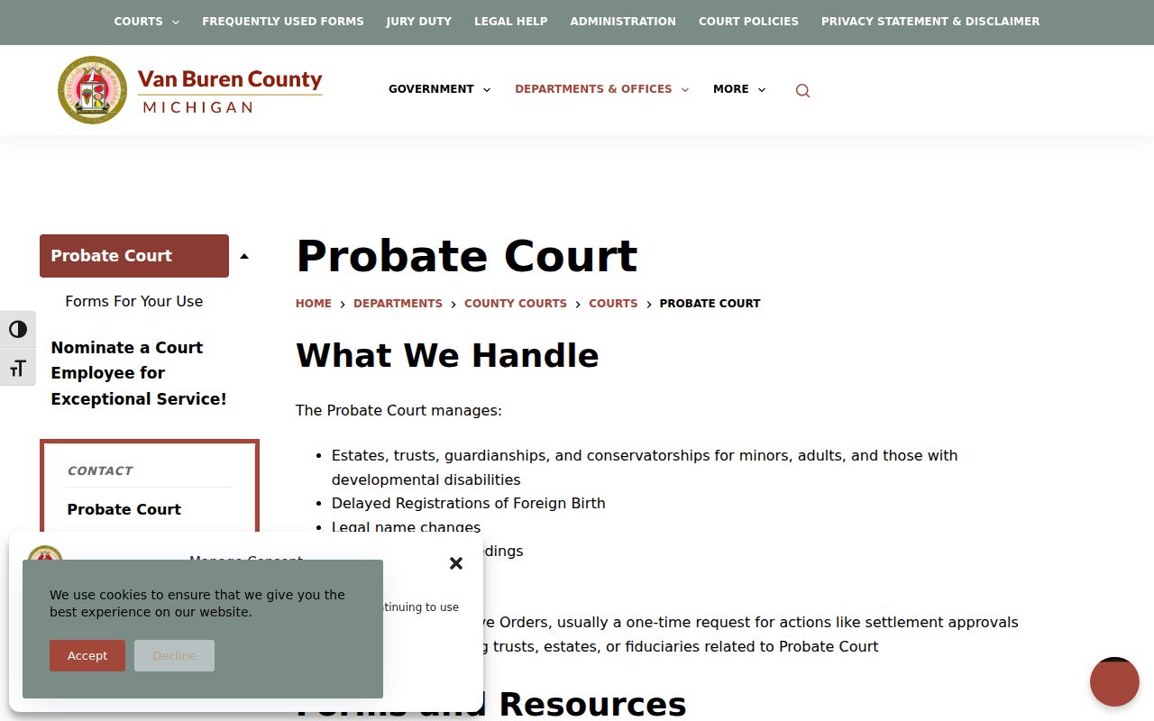 Van Buren County civil docket source for Probate Court
