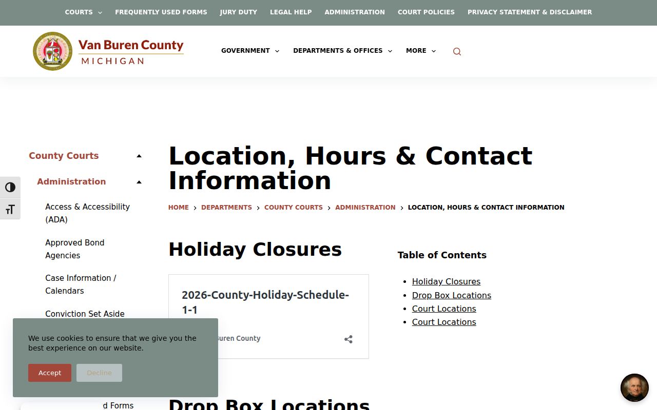 Van Buren County court calendar source for court locations and hours