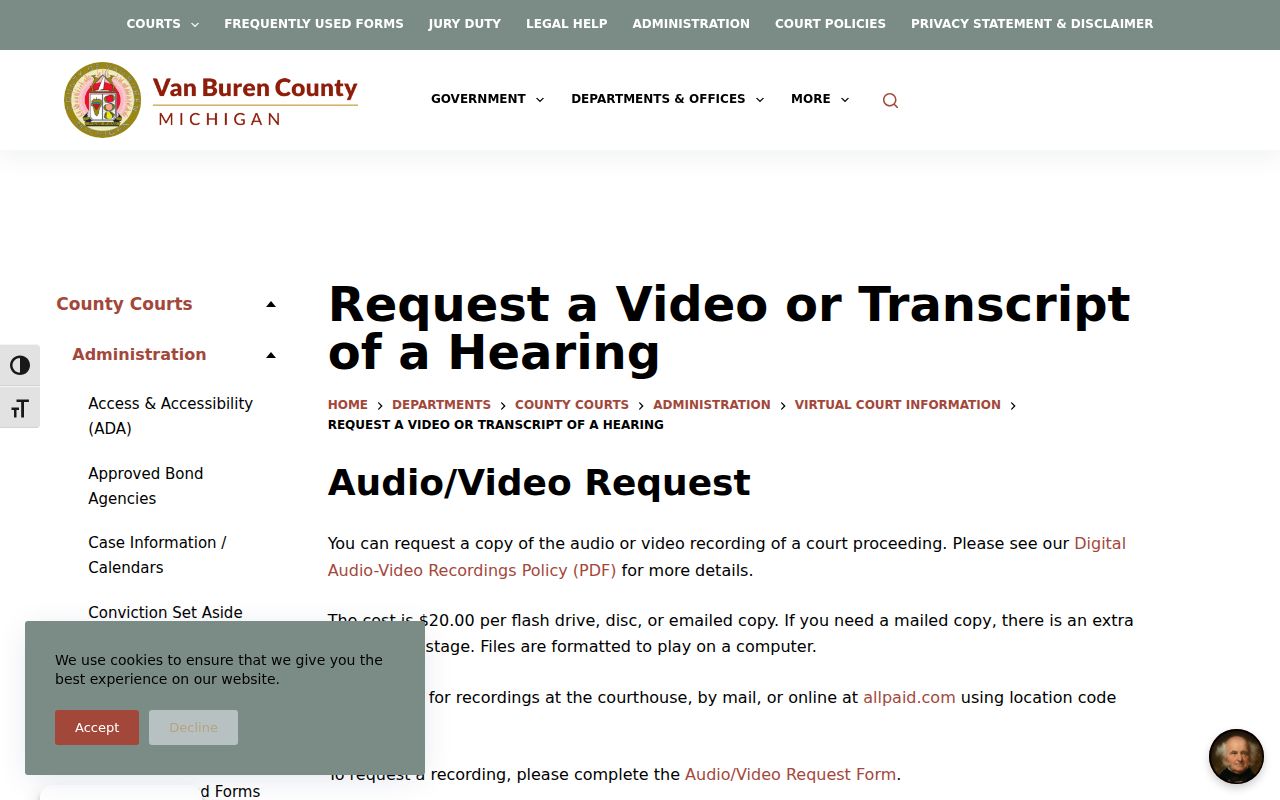 Van Buren County court calendar source for hearing recording and transcript requests