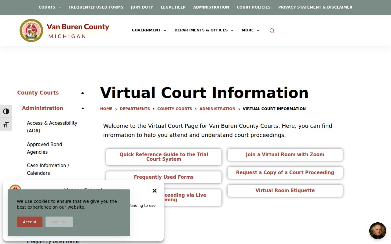Van Buren County court calendar source for Virtual Room C access