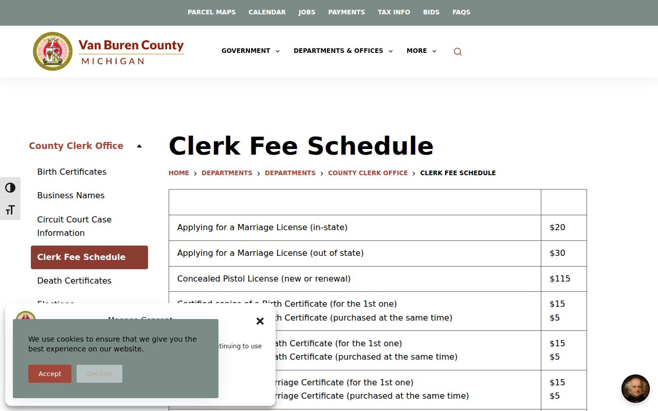 Van Buren County court records source for clerk copy fees