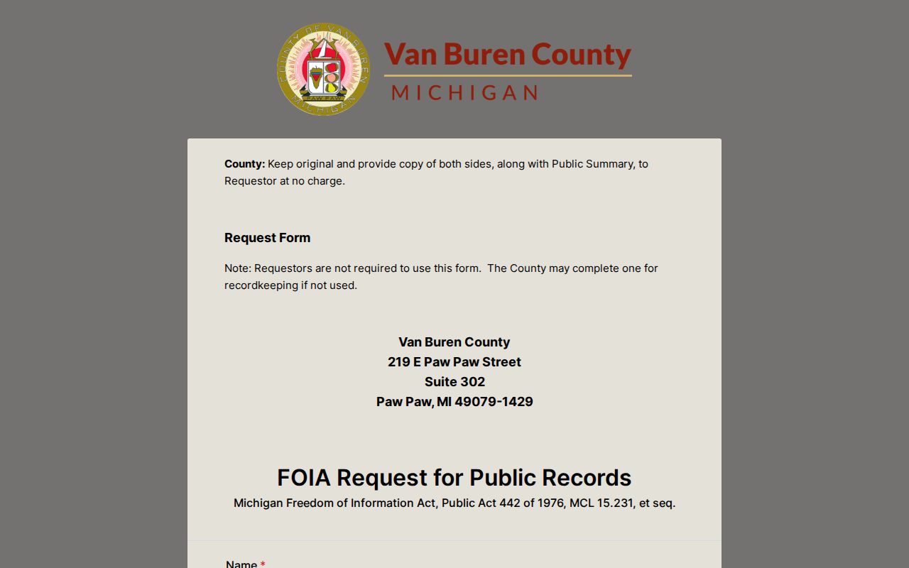 Van Buren County court records source for the county FOIA request form