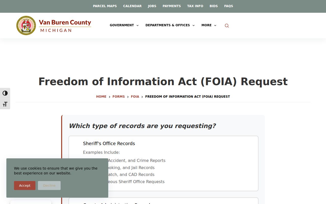 Van Buren County court records source for the county FOIA request page