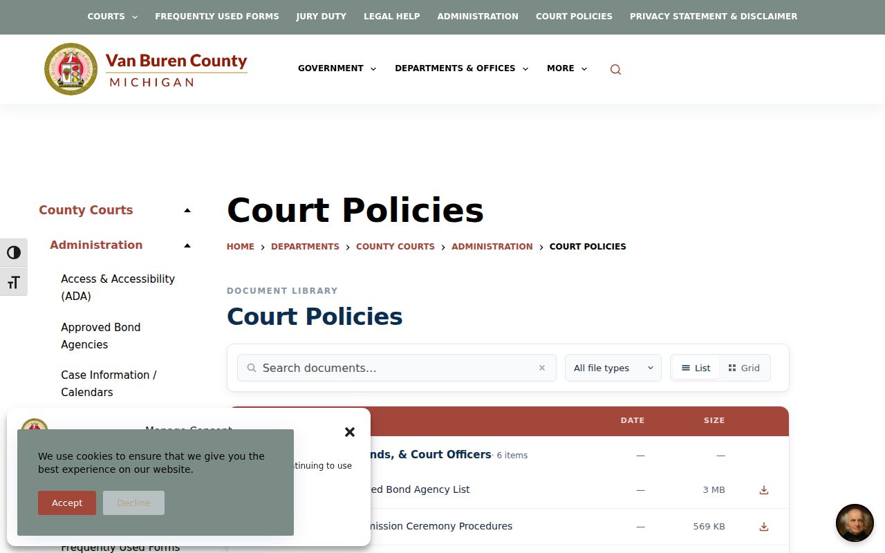 Van Buren County court records source for the court policies library