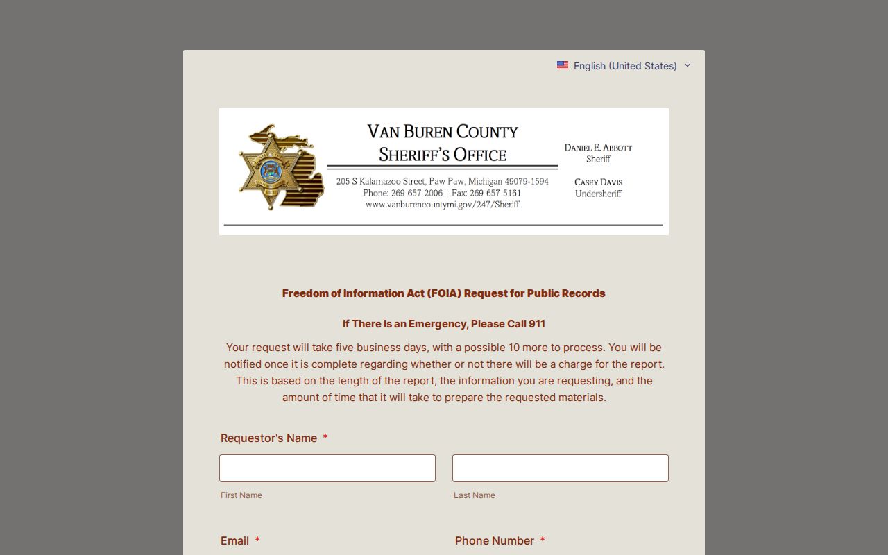 Van Buren County court records source for Sheriff records requests