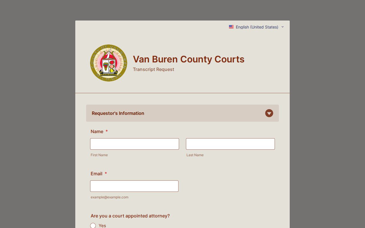 Van Buren County court records source for transcript requests